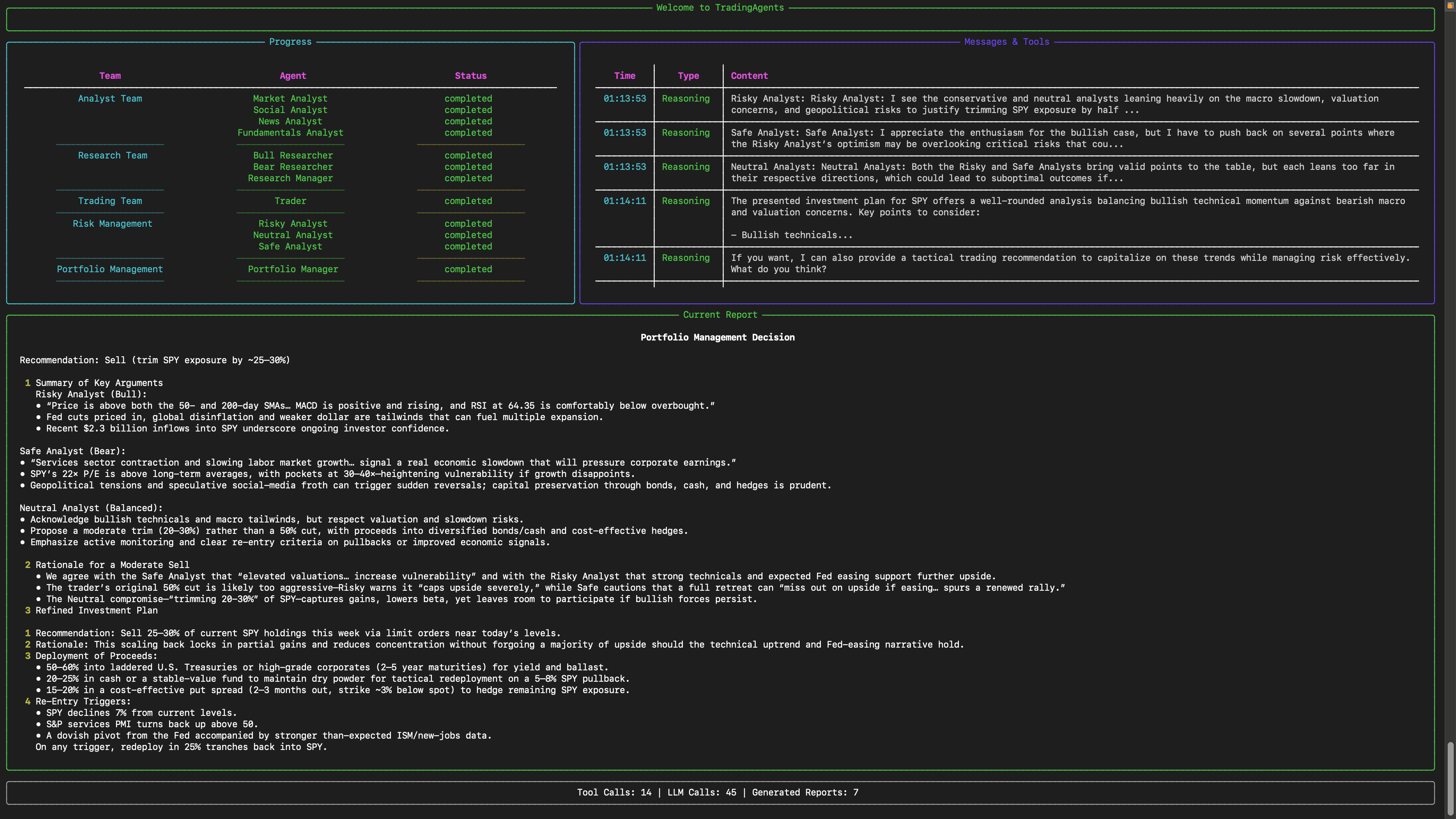 TradingAgents transaction screen